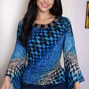 Alfani Blue and Black Geometric Women's Blouse